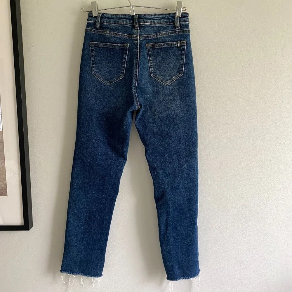 BUFFALO David Bitton Semi High Rise Slim Straight Dark Wash Distressed Hem Jeans - Picture 5 of 13